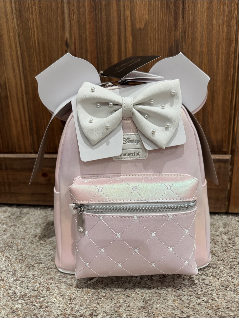 Loungefly Iridescent Pink Minnie Ear Mini Backpack with Pearl Bow